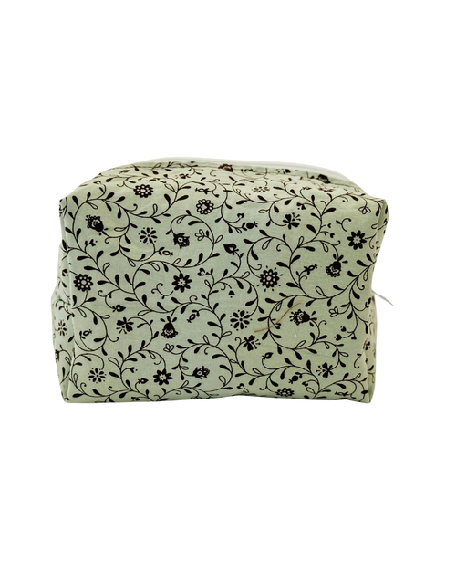 pale blue and brown Floral-patterned toiletry pouch with a white zipper on a white background 