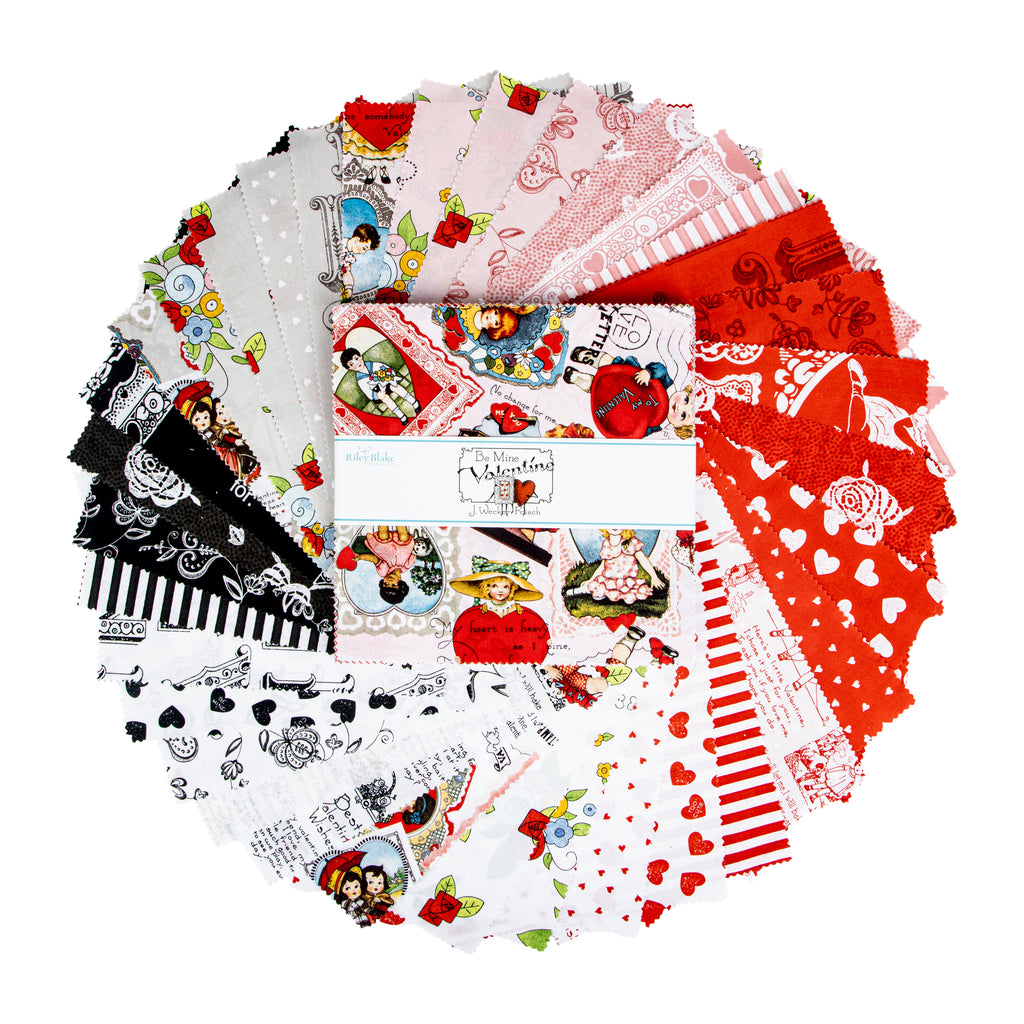 A circular arrangement of fabric swatches in various Valentine's Day themed patterns, including red hearts, black and white stripes, and floral motifs, with a white paper band labeled 'Be Mine Valentine' in the center, on a solid white background.