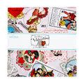 A 10 in square of fabric wrapped in a paper band, showing a Valentine's Day collage print with vintage illustrations, hearts, lace, and text. The band reads Riley Blake Fabrics and Be Mine Valentine J.