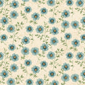 A repeating floral pattern featuring light blue flowers with yellow centers and green stems on a warm beige textured background.