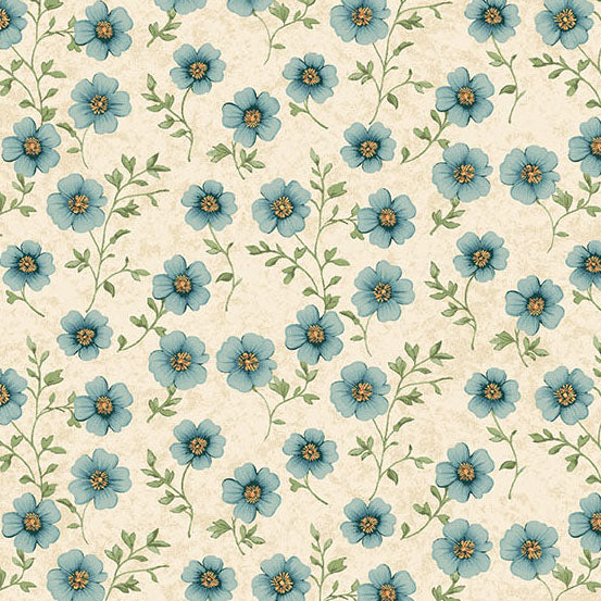 A repeating floral pattern featuring light blue flowers with yellow centers and green stems on a warm beige textured background.