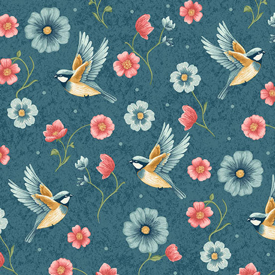 A repeating watercolor-style pattern featuring birds, flowers, and leaves on a textured dark teal background. The design includes pink and white flowers, blue-gray blossoms, and birds with gray wings, black heads, and warm yellow-orange underbellies.