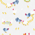 A repeating farm-themed pattern on a light off-white textured background, featuring blue and white chickens with yellow chicks, red combs/wattle details, and small green and orange accents.