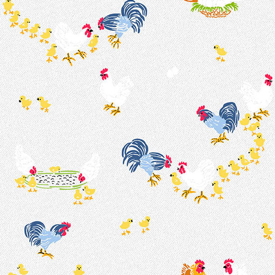 A repeating farm-themed pattern on a light off-white textured background, featuring blue and white chickens with yellow chicks, red combs/wattle details, and small green and orange accents.