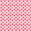 A repeating pattern of red strawberries with green tops on a light pink background, interspersed with small pink hearts.