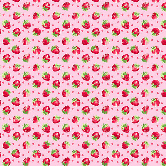 A repeating pattern of red strawberries with green tops on a light pink background, interspersed with small pink hearts.