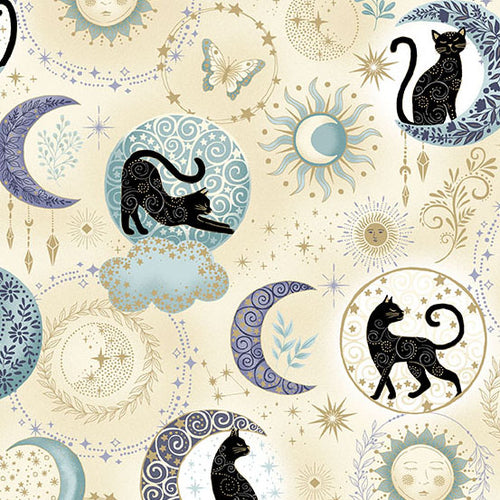 Pattern with black cats, moons, suns, and stars on a beige background