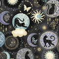Pattern of cats, moons, suns, and stars on a dark background