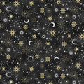 Pattern of celestial elements including stars, moons, and planets on a black background.