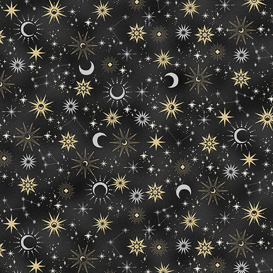 Pattern of celestial elements including stars, moons, and planets on a black background.