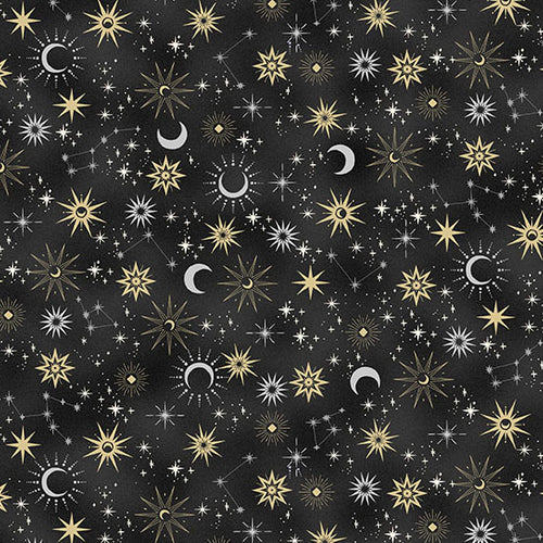 Pattern of celestial elements including stars, moons, and planets on a black background.