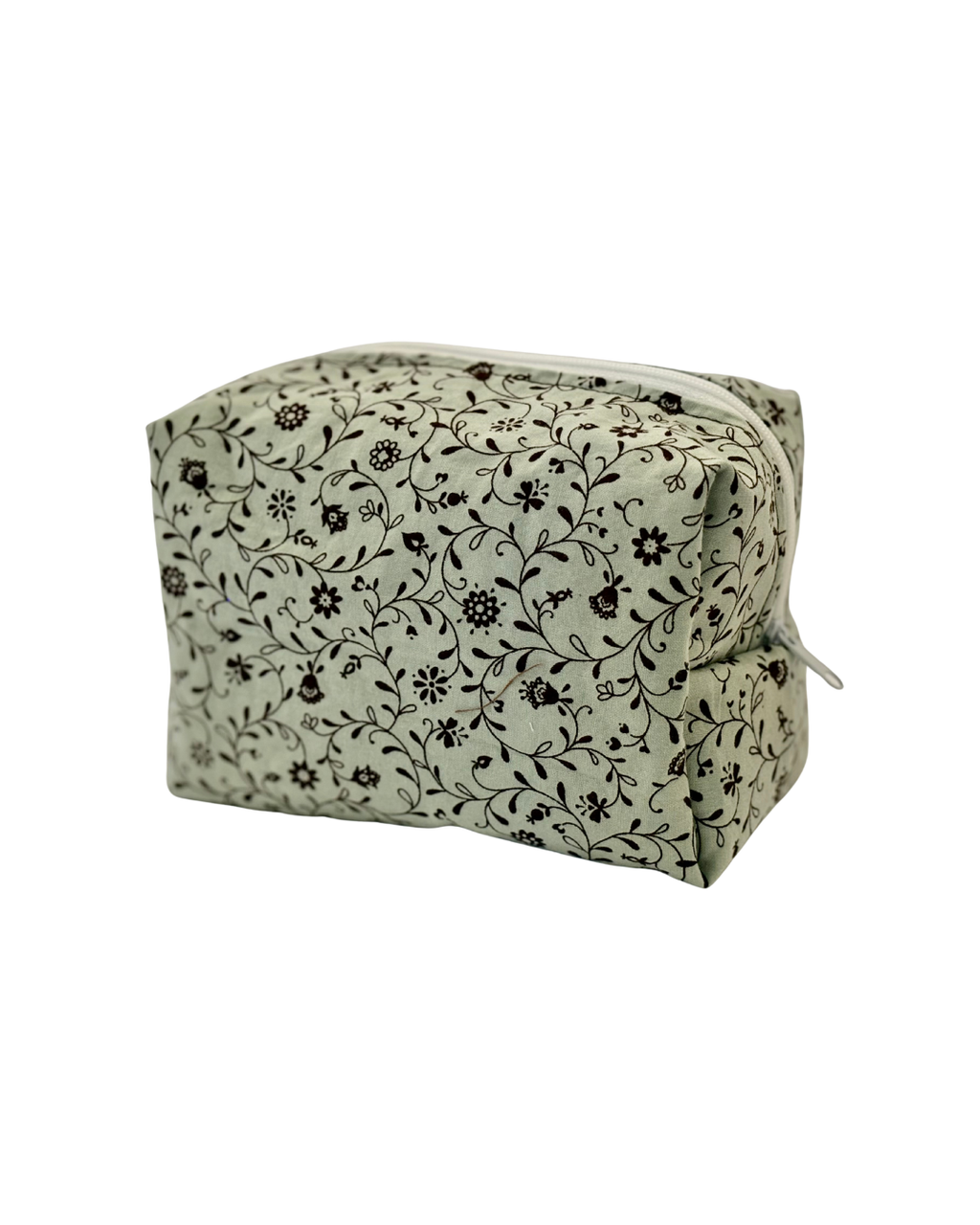 pale blue and brown Floral-patterned toiletry pouch with a white zipper on a white background 