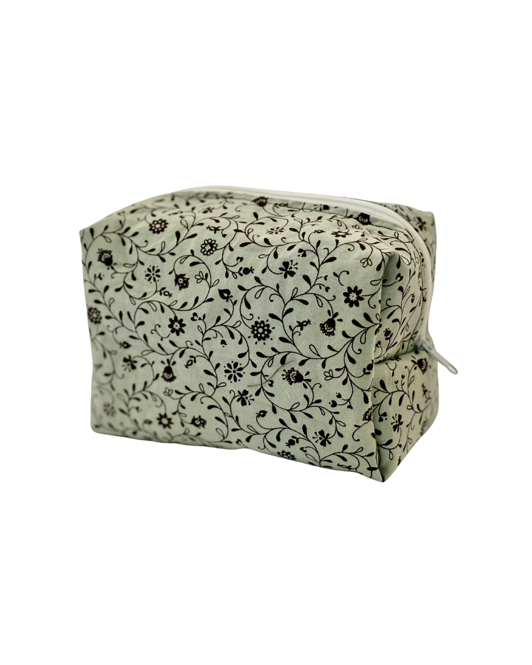pale blue and brown Floral-patterned toiletry pouch with a white zipper on a white background 