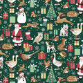 Christmas-themed pattern with Santa Claus, reindeer, dogs, and other festive elements on a green background.