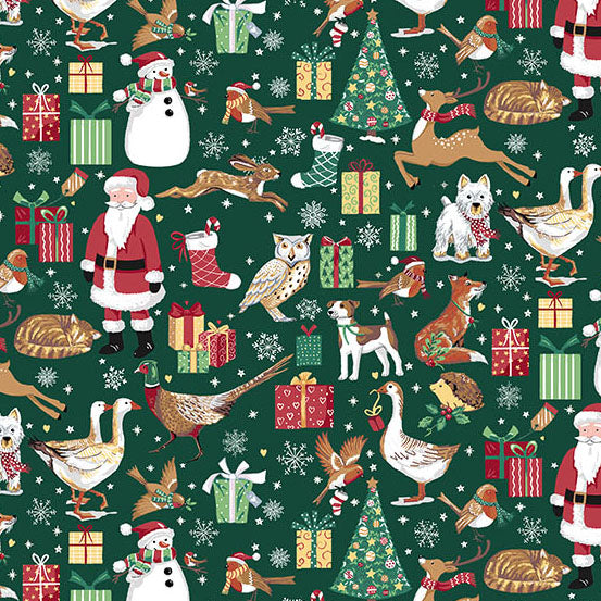 Christmas-themed pattern with Santa Claus, reindeer, dogs, and other festive elements on a green background.