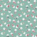 Pattern of snowmen with scarves and hats on a teal background