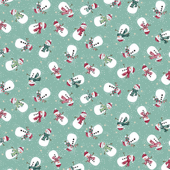 Pattern of snowmen with scarves and hats on a teal background