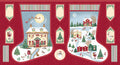 Christmas-themed fabric panel with winter village scene, Santa Claus, and festive elements on a red background.