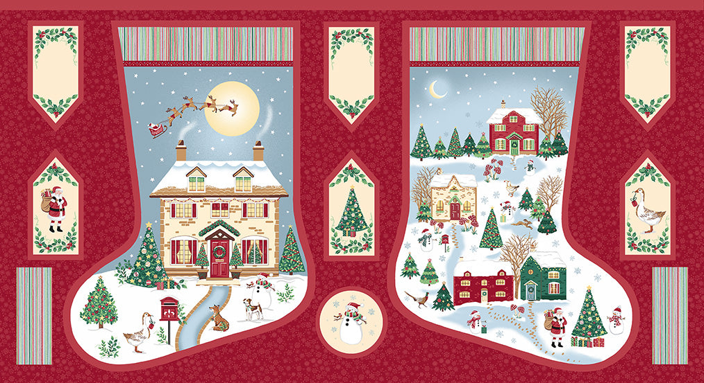 Christmas-themed fabric panel with winter village scene, Santa Claus, and festive elements on a red background.