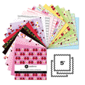 A set of 5x5 cotton fabric squares from the brand andover, featuring various colorful ladybug and floral patterns. The fabrics are fanned out to show a variety of colors and designs, including pink, red, yellow, green, and black.