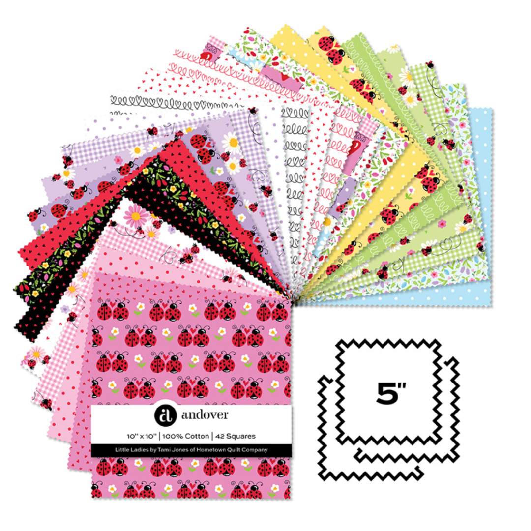 A set of 5x5 cotton fabric squares from the brand andover, featuring various colorful ladybug and floral patterns. The fabrics are fanned out to show a variety of colors and designs, including pink, red, yellow, green, and black.