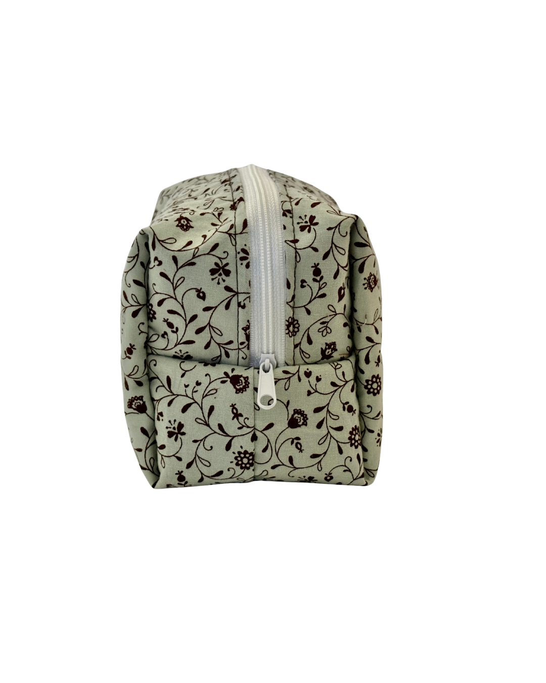 pale blue and brown Floral-patterned toiletry pouch with a white zipper on a white background 