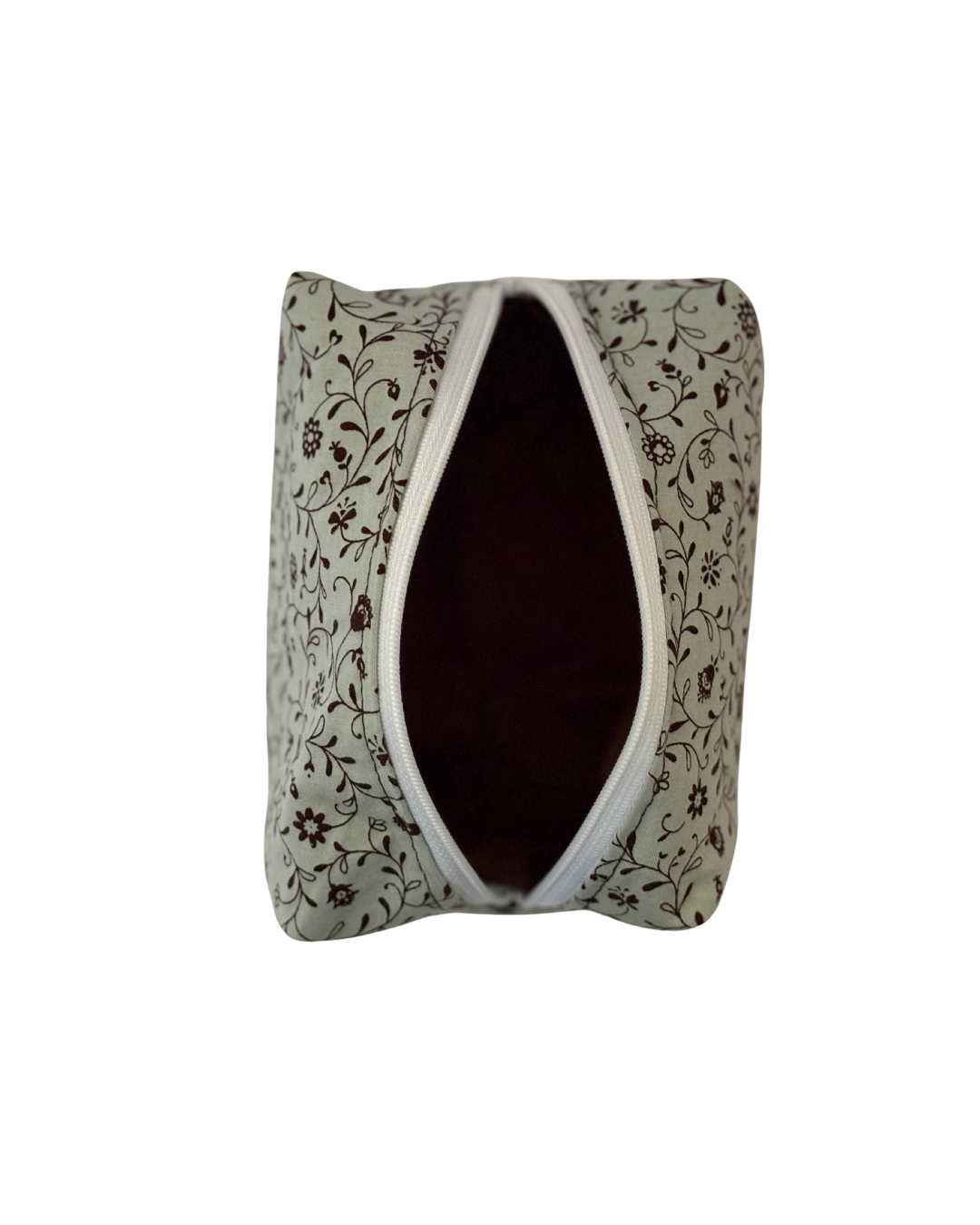 pale blue and brown Floral-patterned toiletry pouch with a open white zipper on a white background 