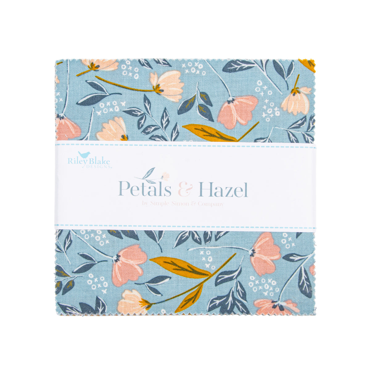 A 5 in fabric stack with a floral pattern on a light blue background, wrapped in a white paper band labeled 'Riley Blake Fabrics' and 'Petals & Hazel'.