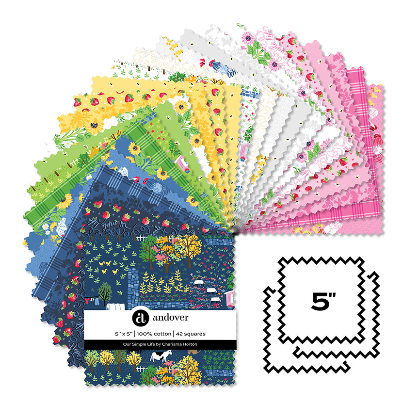 Collection of colorful fabric squares from the our simple life collections with a 'Andover' label on a white background