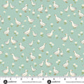 Pattern of ducks and flowers on a teal background with a ruler at the bottom.