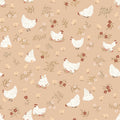 A repeating pattern featuring white chickens and chicks with small red flowers and green leaves on a warm beige background.