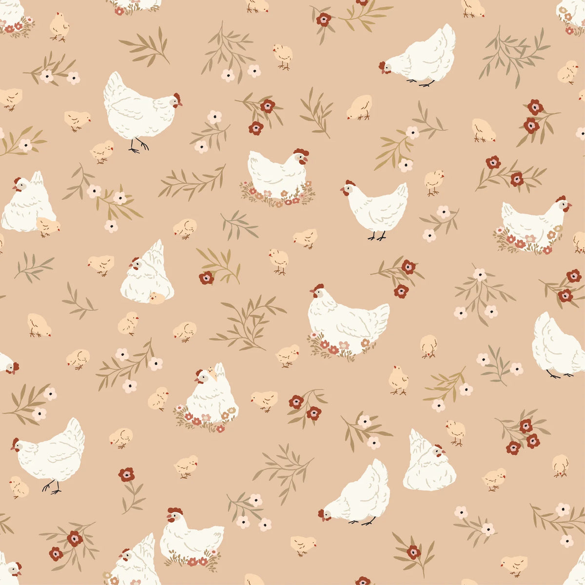 A repeating pattern featuring white chickens and chicks with small red flowers and green leaves on a warm beige background.