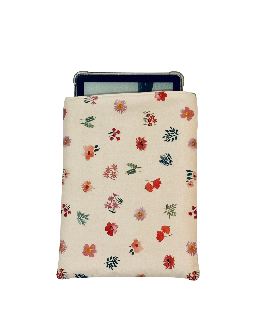 kindle inside pink Floral-patterned e-reader sleeve on a white background