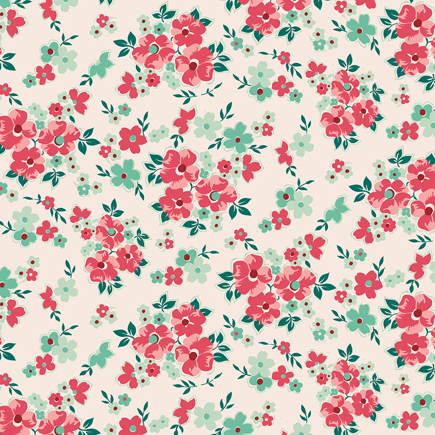 Pattern of pink and green flowers on a light background