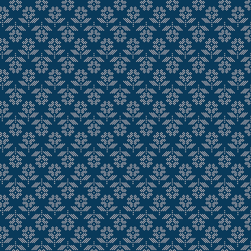 White floral pattern on a blue background