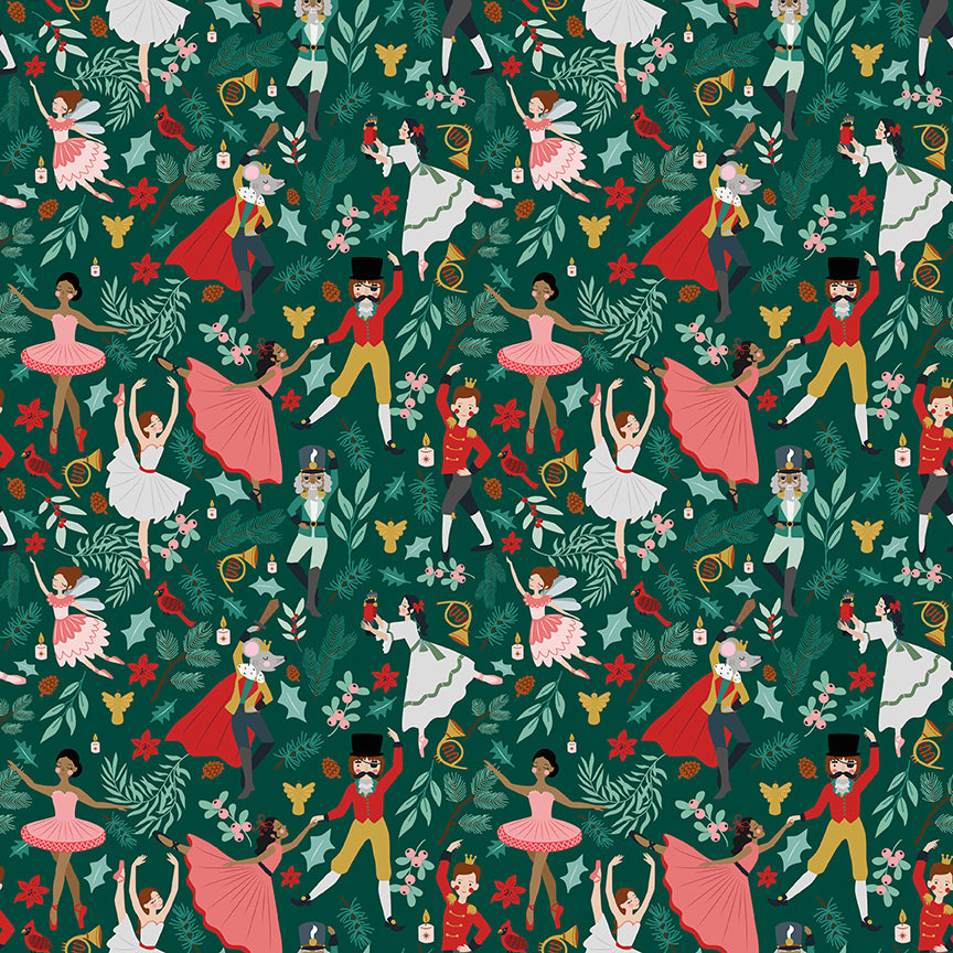 characters from nutcracker dancing on a green background