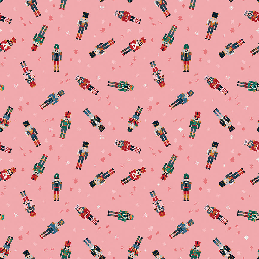Pattern of colorful nutcrackers on a pink background