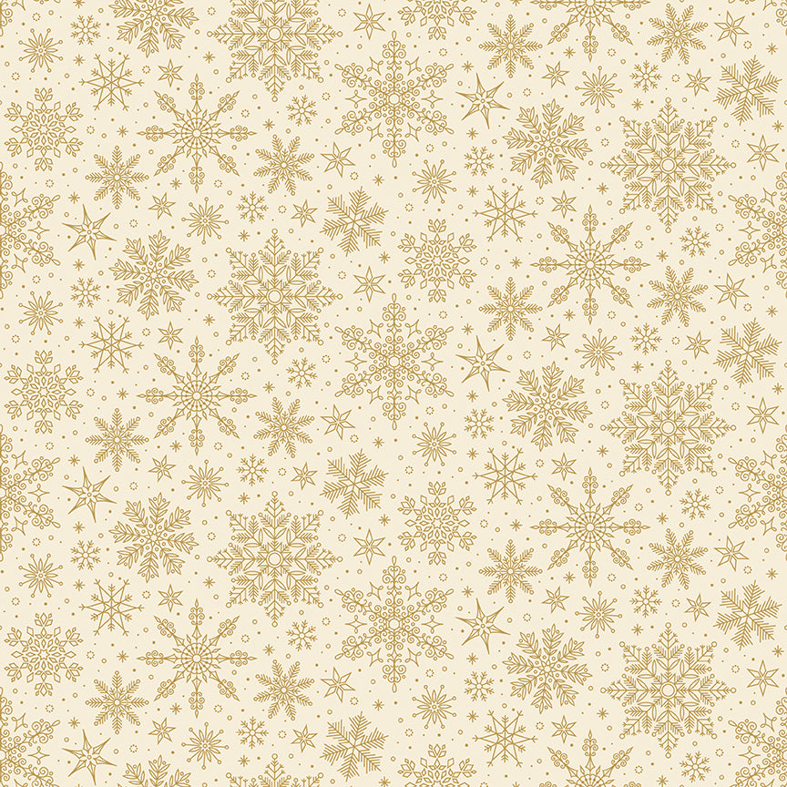 Pattern of gold snowflakes on a beige background