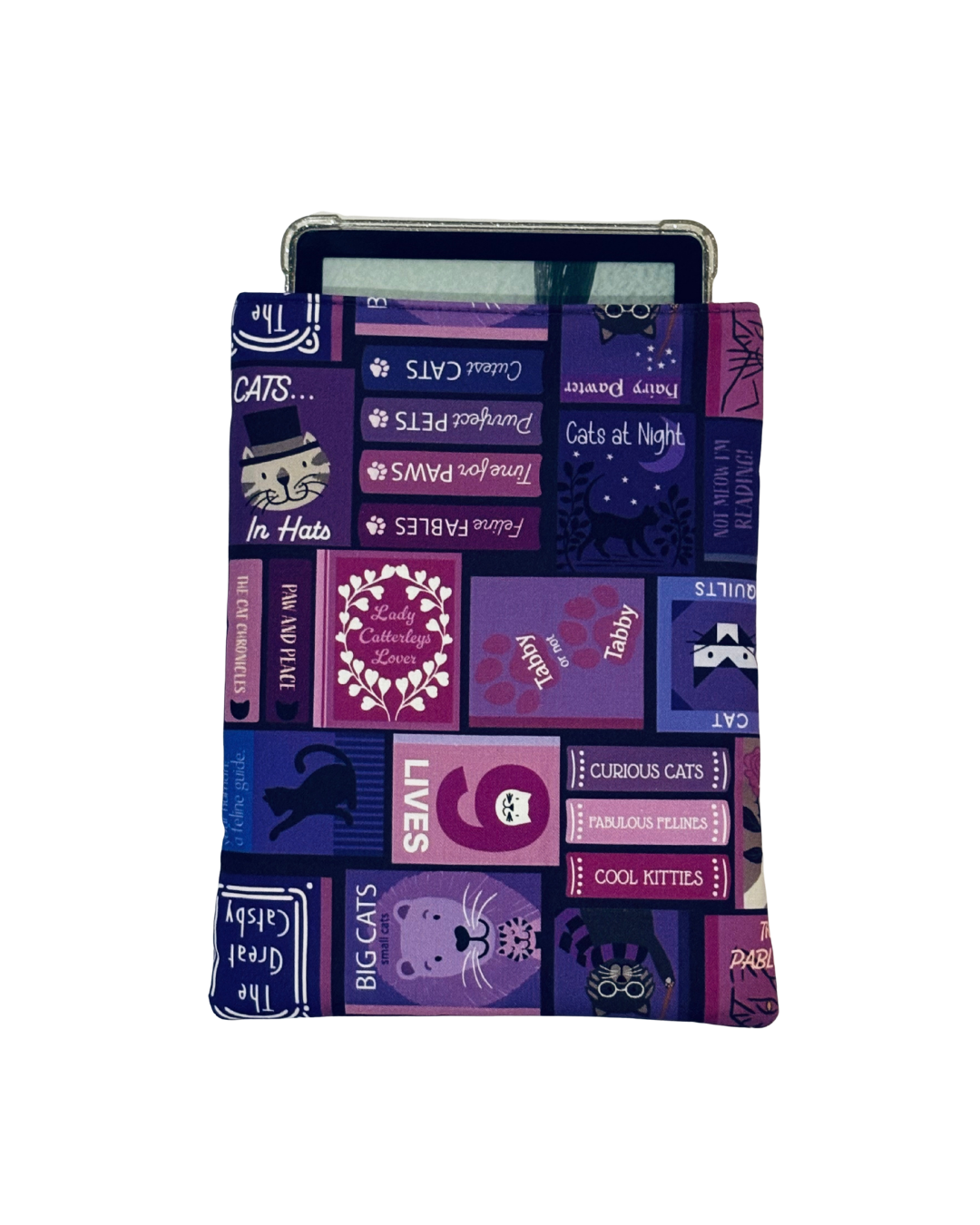 kindle inside Purple and blue patterned e-reader sleeve with cat-themed text and graphics on a white background