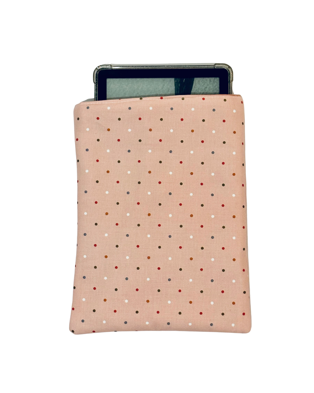 kindle inside pink e-reader sleeve with multicolored polka dot pattern on a white background