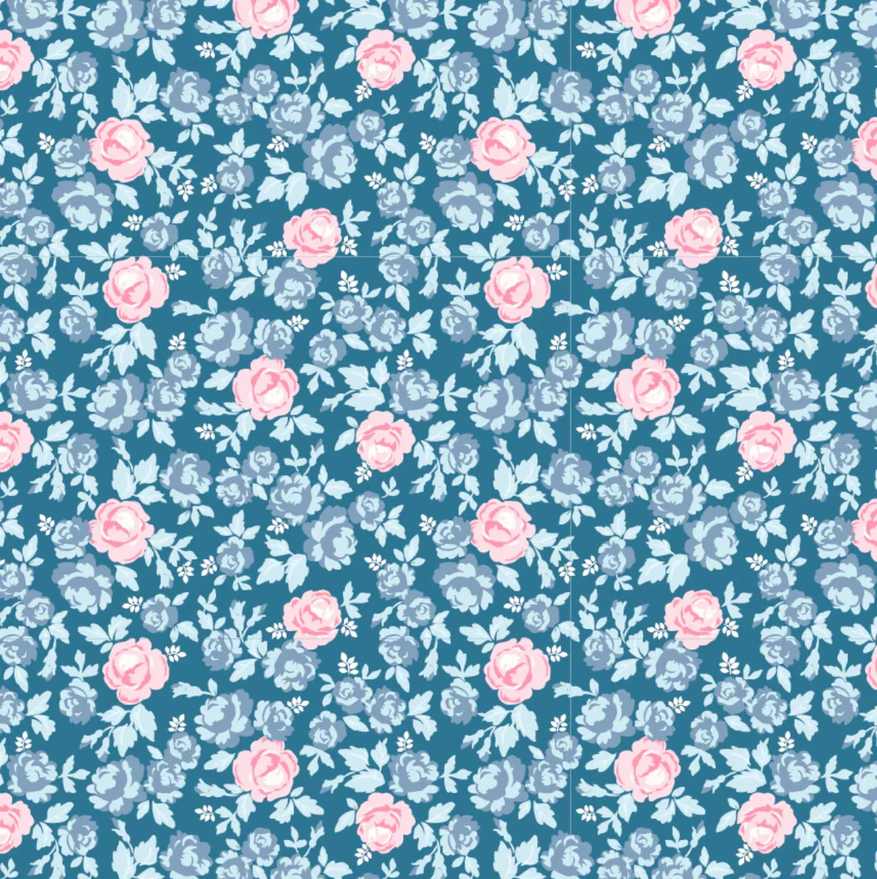 A repeating floral pattern featuring light pink roses and pale blue flowers with green leaves on a teal blue background.