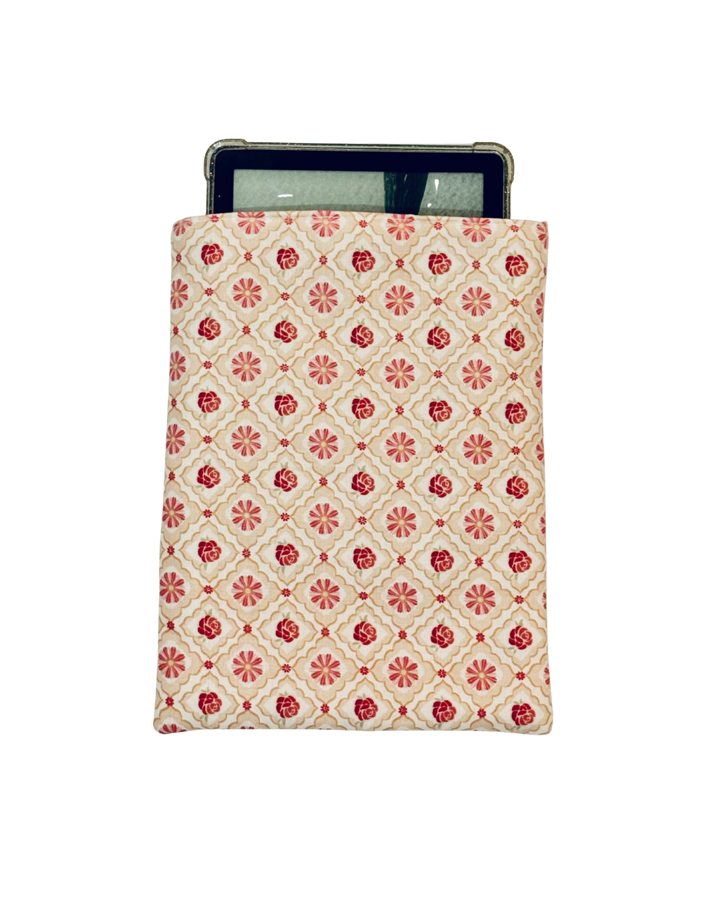 kindle inside pink and red Floral patterned e-reader sleeve on a white background