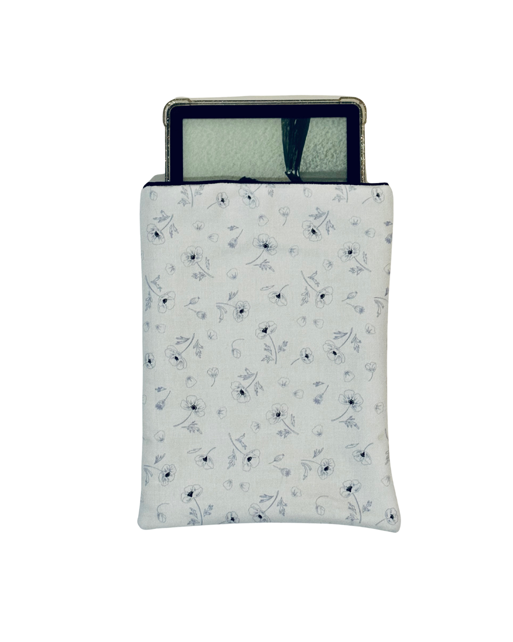 kindle inside pale blue Floral-patterned e-reader sleeve on a white background