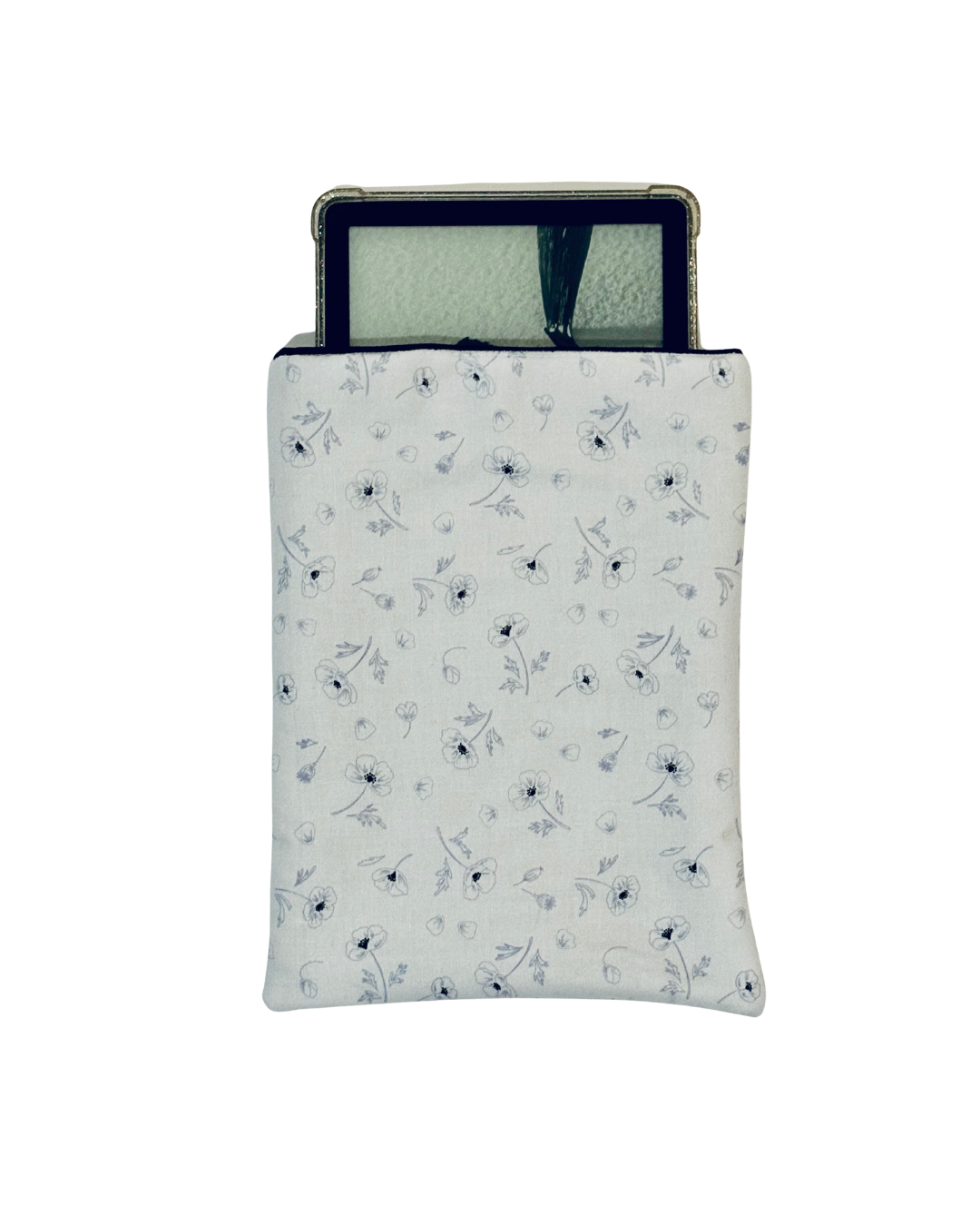 kindle inside pale blue Floral-patterned e-reader sleeve on a white background