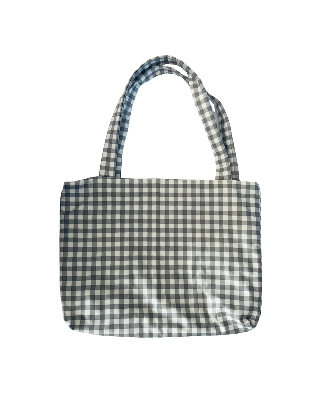 white and gray gingham tote bag against white background