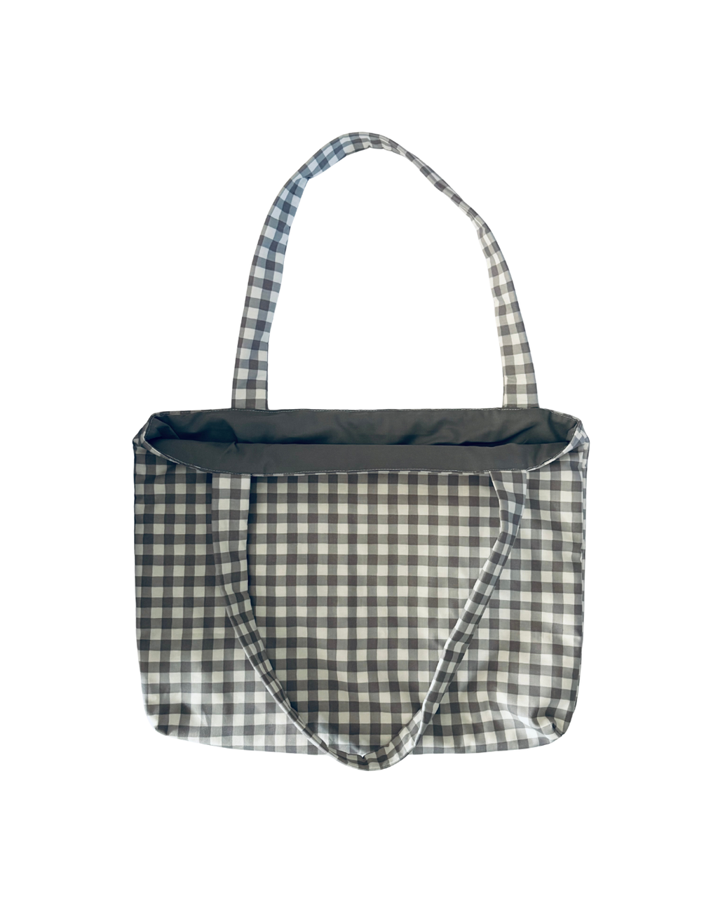 white and gray gingham tote bag with gray interior against white background