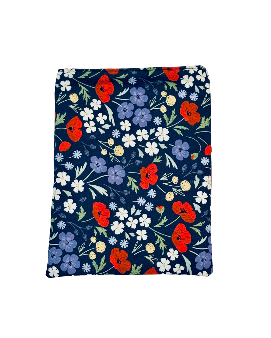 Floral patterned e-reader sleeve with red, blue, and white flowers on navy with white background 
