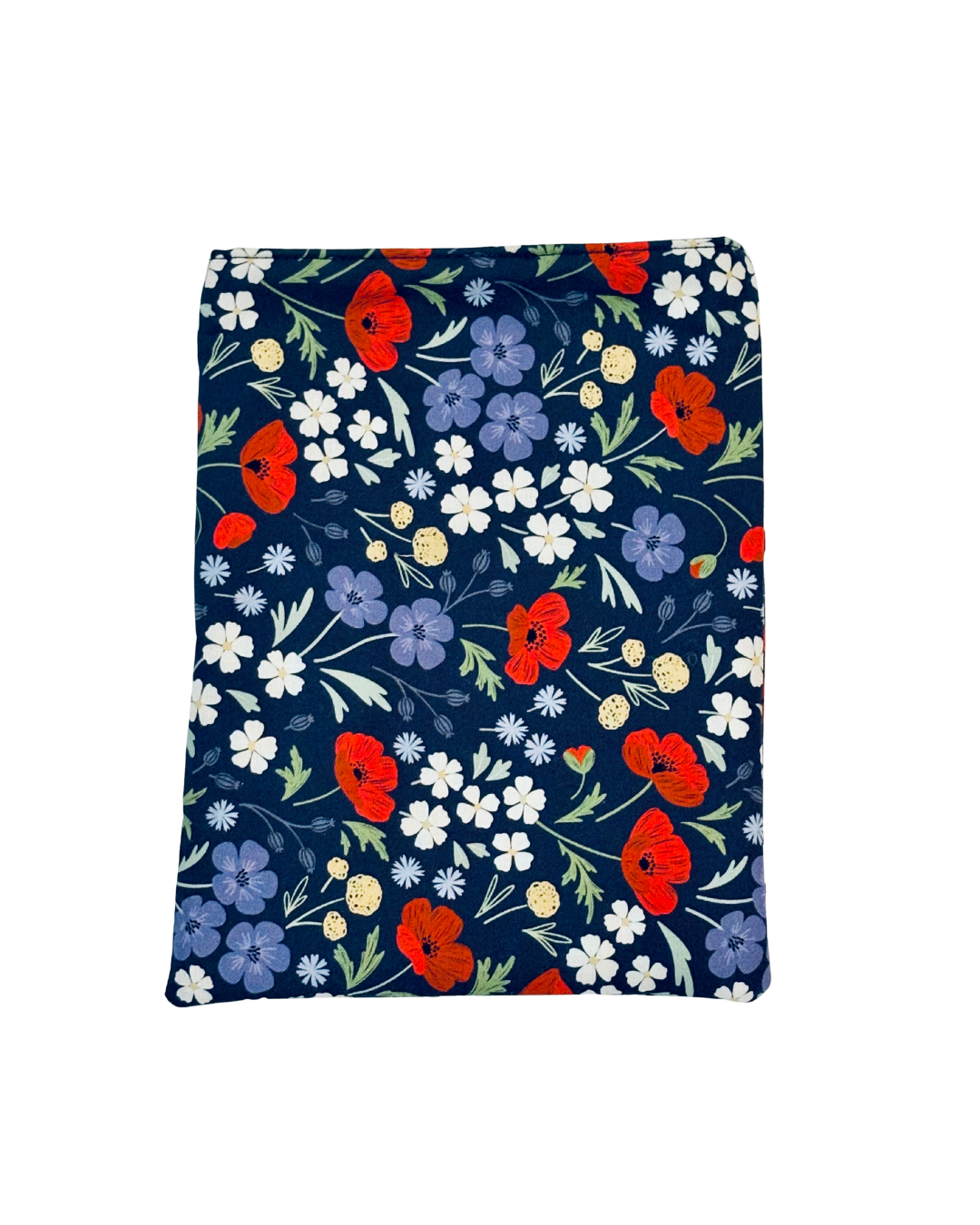 Floral patterned e-reader sleeve with red, blue, and white flowers on navy with white background 