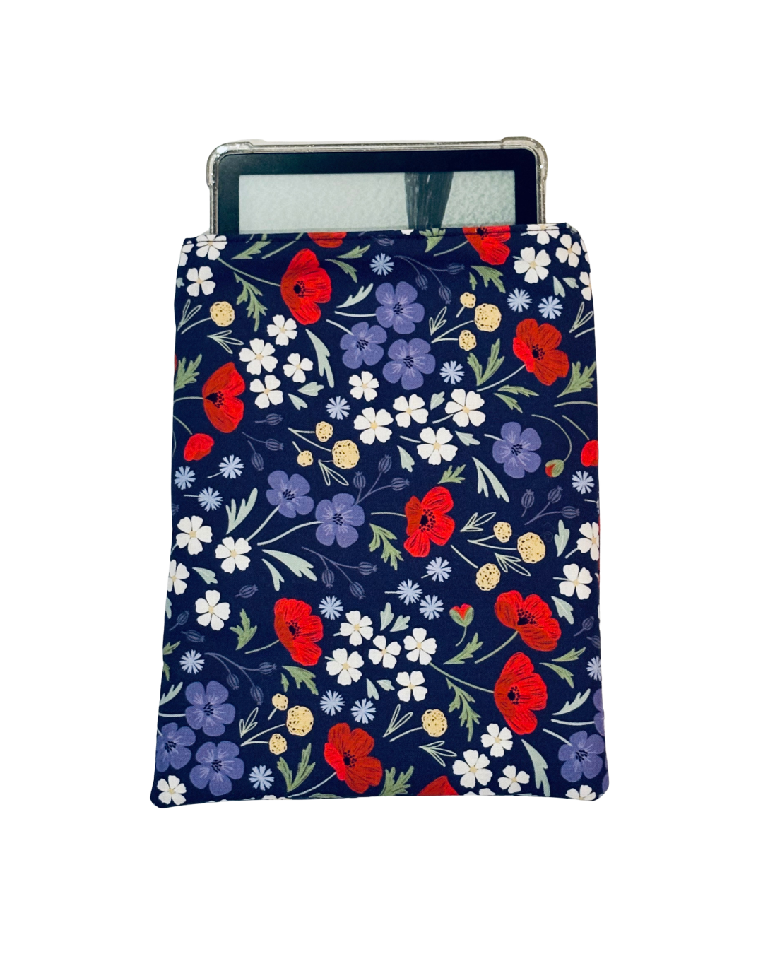 kindle inside Floral patterned e-reader sleeve with red, blue, and white flowers on navy with white background 