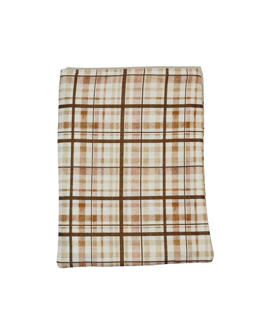 Plaid e-reader case with brown and beige pattern on a white background